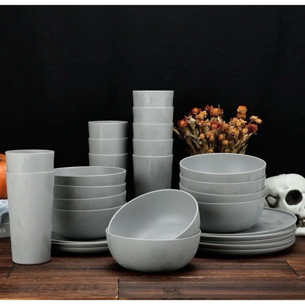 30 Piece Plastic Etched Halloween Ghost Dinnerware Full Set Gray BPA Free